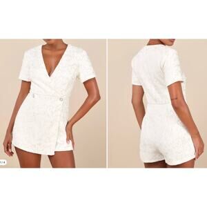 LULUs Glittering Charisma Cream Skort Romper Sequin Tweed Short Sleeve M Medium